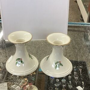 Lenox White Candle Holders with Gold Trim and Green Holly